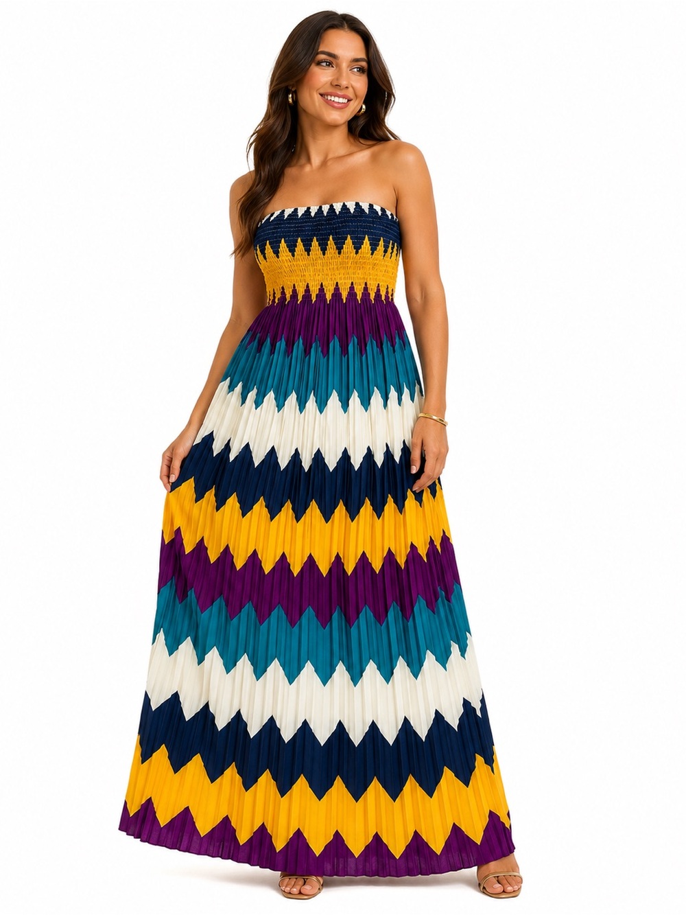 Strapless Chevron Maxi Dress in Teal, Purple, Yellow & Navy
